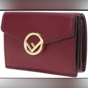 Fendi “F Is Fendi” Red Leather Trifold Wallet Gold Logo Compact Wallet